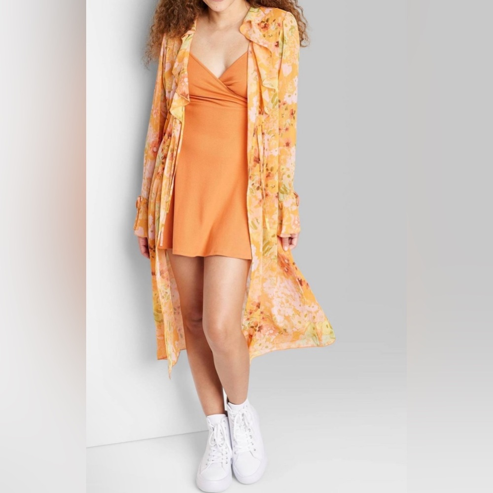Wild Fable Ruffle Duster Jacket With 2 Tie front closure - Orange Floral Size XS